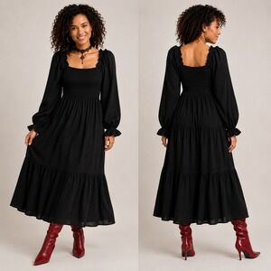 August Sky Smocked Maxi Dress S Black Long Sleeve Square Neck Cottagecore Boho